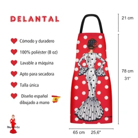 IllustrArte Kitchen Apron - Flamenco Design for Women - Washable, Comfortable, Stylish - Various Flamenca Characters and Colours, Flamenca María white with red background, One size fits all