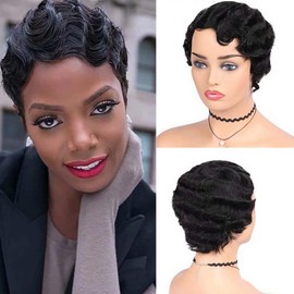 Fereowth Human Hair Wig Short Short Pixel Cut Finger Wavy Wig Women Natural Wig Human Hair Curly Brazilian Women Wigs (Black)