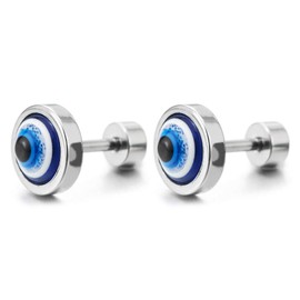 8MM Stainless Steel Evil Eye Circle Stud Earrings with Blue Resin, for Mens Womens, Screw Back, 2pcs
