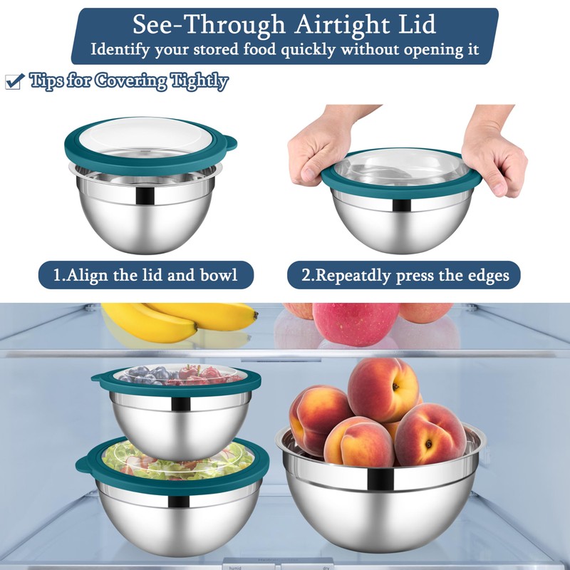 LIANYU Stainless Steel Metal Mixing Bowls, 3 Packs Deep Nesting