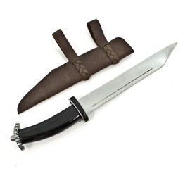 Vehi Mercatus Viking Short Sax with Horn Handle, Silver, Black, Blunt, Carbon Steel, Horn, Nubuck Leather, Includes Leather Sheath, C Major, Antique, Sax