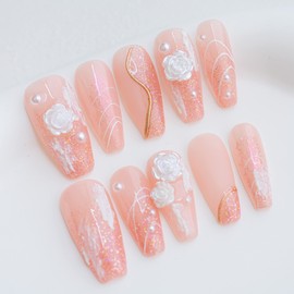 Sun&Beam Nails Handmade Press On Nail Long Coffin Ballerina Pink Flower Acrylic Fake Tip 3D Design Art Charms Cute with Storage Box 10 Pcs (#02 3D Flower | Pink S)