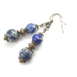 Bronze necklace and earrings set with blue imperial jasper bead pendant and Tibetan beads