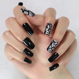 LINSSQ Pre-design Black Press on Nails with Silver Glitter Rhombus, Short Squoval Glossy False Nails, Beauty Manicure Kits Reusable UV Gel Fake Finger Nail Art Tips for Daily Office Party