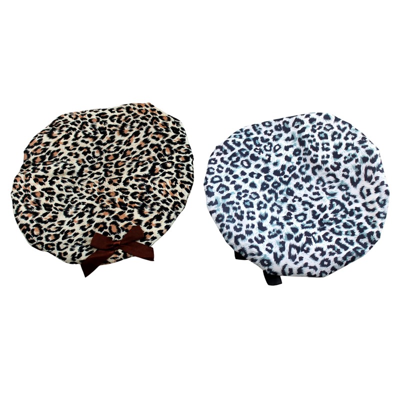 2 Pack Premium Lined Shower Cap Bath Accessory Reusable Leopard