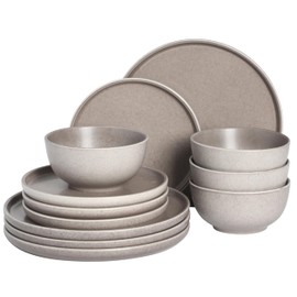 Gibson Elite 12 Piece (Service for 4) Eden Rock Plates and Bowls Reactive Glaze Round Dishes Stoneware Ceramic Dinnerware Set - Matte Brown