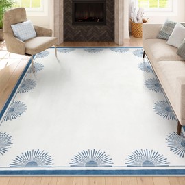 Hedlive Modern Area Rugs 8x10, Low Pile Machine Washble Area Rugs Soft White Carpet for Bedroom,Sun Print Non Slip Living Room Rug Foldable Throw Rug for Dining Room Table(8'x10',White/Blue)