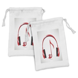 Ambesonne Music Fabric Pouch Set of 2, Love Sound Headphones with Heart Shaped Key Note Melody Design, Small Drawstring Bag for Toiletries Masks and Favors, 9" x 6", Red Black Grey