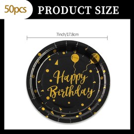 50 Stück Pappteller schwarz gold, 18cm Pappteller Geburtstagspartygeschirr Partygeschirr Partyteller für Geburtstag Party Abschlussfeier, Jubiläums, Valentinstag (Geburtstag Pappteller schwarz)