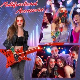 9 Stück Punk Gothic Kostüm Zubehör Set, Heavy Metal Rocker Kostüm Accessoires mit Armband Brille Handschuhen Maske Tattoo Ärmeln aufblasbarem Bass Mikrofon für Erwachsene 70er 80er Partys