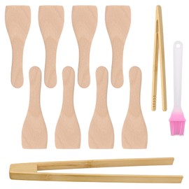 BORISCA 8 Stück Holzspatel, Spatel, Holzspatel, Spatel, Schaber, aus Holz mit 2 Holzzangen, Brot-Grillzange und 1 Fettbürste, Küchenutensilien aus Holz für die Küche