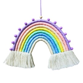 Woven Rainbow Wall Hanging with Pompoms, Boho Room Decor, Nursery Hanging Ornament, Kids Room Wall Hanging, Handmade Macrame Art for Nursery, Kids Bedroom,Macrame Rainbow, (Purple)