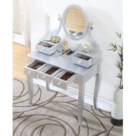 Roundhill Furniture Ashley Silver Wood Makeup Vanity Table and Stool Set