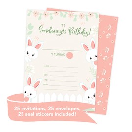 Bunny Rabbit 2 Happy Birthday Invitations Invite Cards (25 Count) With Envelopes and Seal Stickers Vinyl Girls Boys Kids Party (25ct)