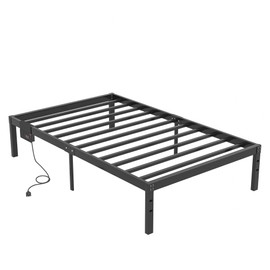 VECELO Twin Size Bed Frame with Charging Station for Kids/Quick Lock No Screws/Metal Platform/Mattress Foundation/No Box Spring Needed