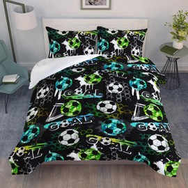 AILONEN Soccer Print Comforter Set for Boys Teens Twin Size 3Pcs, Football Sports with Blue Green White Soccer Pattern Bedding Set,Soft Microfiber,1 Quilt and 2 Pillowcases