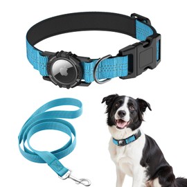 HDDTTZ AirTag Dog Collar and Leash, IP68 Waterproof Integrated with Reflective, Ultra-Durable, Comfortable Padded, Heavy Duty Dog Collars for Small Medium Large Dogs, L (14.8"-20.3"), Blue