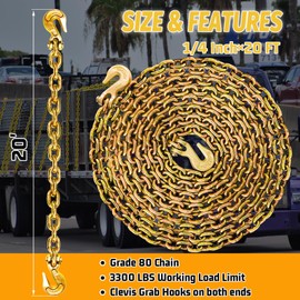 SENKEYFE G80 Safety Binder Chain 1/4"×20 FT Heavy Duty Chain Wll 3300 Lbs Break Strength for Towing Log Trailer Safety Chain with Hooks for Transporting Towing Truck Tie Down Binding Equipment