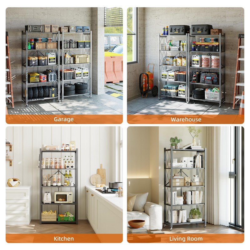 5-Tier Foldable Metal Storage Shelf with Wheels, 750 lb Capacity