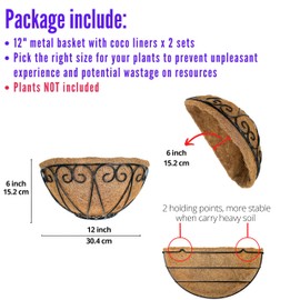 LaLaGreen Outdoor Wall Planters (2 Pack, 12 Inch) Black Metal Wall Mounted Hanging Basket with Coco Liner, Flower Pot Plant Holder Semi-Circle Planter for Fence Railing Deck Porch Balcony Garden Decor