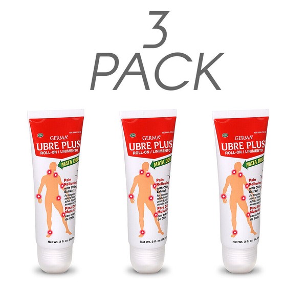 Germa Ubre Plus Roll-on Analgesic Liniment. Aches & Pain Relief. 3 Oz. Pack of 3