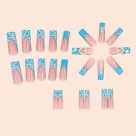 LOPMNGHT Press on Nails Extra Long Blue French False Nails Cute Bear Love Heart Pearl Design Fake Nails Artificial Acrylic Nails 24Pcs Full Cover Reusable Coffin Nails Glue on Nails for Women