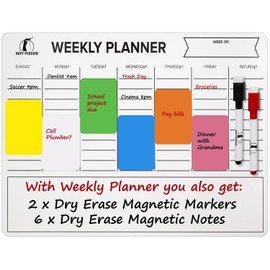 Weekly Calendar Whiteboard for Refrigerator - Magnetic Planner Dry Erase 11 x 14 in with 2 Dry Wipe Off Markers and 6 Magnetic Labels - Magnet Calendar White Board for Fridge, Home and Office