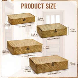 Didaey Set of 4 Seagrass Basket with Lid Wicker Storage Basket Decorative Storage Boxes with Lids Flat Storage Bins Woven Organizer Baskets for Shelf Closet Bedroom, 4 Sizes (Yellow)