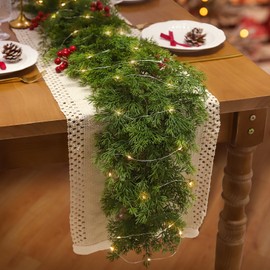 6.5FT Christmas Garland with 16.4FT LED Lights String - Artificial Realistic Cedar Garland, Norfolk Pine Cypress Vines with Lights for Christmas Winter Decorations Table Mantle Outdoor Indoor