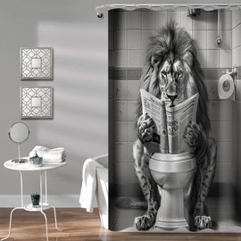 JAWO Funny Cool Lion Shower Curtain, Fun Leo Wild Masculine Animal Humor Leo Animal on Toilet Shower Curtains Set, African American Grey and White Mens Shower Curtains Bathroom with Hooks 36x72