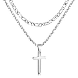 Fiusem 2 Pcs Cross Necklace Chain for Men and Women, Stainless Steel Layered Mens Cross Necklaces with Pendant, Silver Tone 16 Inch Figaro and 18 Inch Box Chain