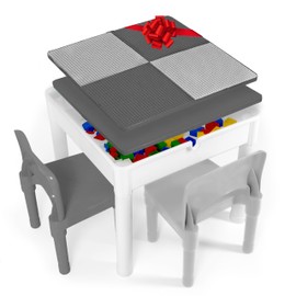 Play Platoon 5 in 1 Kids Activity Table and Chair Set- Stem Table for Toddlers with Water Table, Building Block Table, Craft & Sensory Table for Toddlers with 2 Chairs & 25 XL Blocks – Neutral Gray