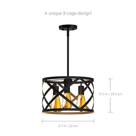 Koda | Ludwig 3-Light Pendant Light Fixture, 3 x 600 Lumens LED Bulb Included, Vintage Farmhouse Industrial Metal X-Cage Design, for Home Kitchen Lighting, Bar Lights Hanging, Living Room, Hallway