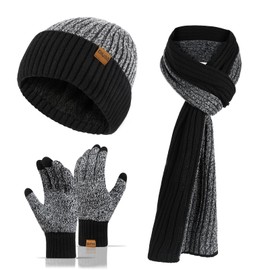 QKURT Men’s Beanie Gloves Scarf Set, 3 in 1 Winter Thermal Hat Gloves Neck Warmer Set Thick Fleece Touchscreen Glove Knitted Cap Cold Weather Accessories Sets for Men Women