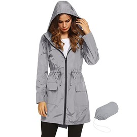 LOMON Womens Lightweight Waterproof Rain Jacket Active Outdoor Hooded Raincoat with Drawstring Belt Grey S
