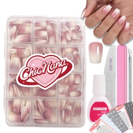 ChicNana False Nails Kit, 240Pcs Gradient Pink Press On Nails with Glue and Stickers, Short Coffin Fake Nails 12 Sizes Stick On Nails Gift for Women Girls (05-Short Coffin, 240pcs)