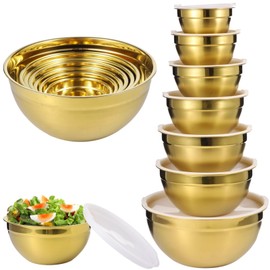 7 PCS Golden Mixing Bowls with Lids Set - Stainless Steel Salad Bowls with Airtight Lids, Mirror Finish Nested Mixing Bowl, 7 Sizes from 1.5 qt to 6.9 qt for Baking, Meal Prep, Food Serving