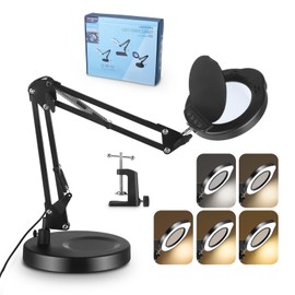 LED Magnifier with Light and Stand for Repair, 15 x Magnifying Lamp, 2-in-1 Magnifying Lamp with Base and Clip, Magnifying Lamp with 5 Colour Modes, Continuous, 360° Swivelling Arm Hands-Free Reading