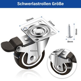 Pack of 4 Furniture Castors 32 mm, Transport Castors with Brake up to 60 kg, Heavy Duty Castors for Furniture with Brakes, 360° Heavy Duty Castors for Beach Chair Castors, Small Swivel Castors (16