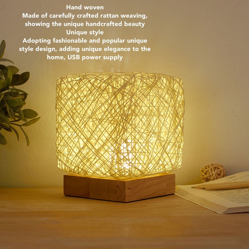Rattan Table Lamp with LED Bulb USB Powered Decorative Hand