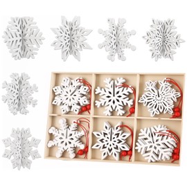 Anstore Pack of 12 Snowflakes Decoration 3D Christmas Tree Decorations Wooden Christmas Tree Decorations White Decoration Wooden Discs for Table Decoration Winter Decoration - 7 cm