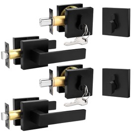 Probrico 2Pack Matte Black Exterior Door Handle with Single Cylinder Deadbolt,Passage Door Lever and Deadbolt Lock Set for Front Door,Keyed Alike