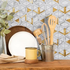 DICOFUN 20-Sheet White Marble Look Triangle Mosaic Tiles Peel and Stick Backsplash for Kitchen, PVC Mixed Metal Gold Chevron Stick on Backsplash Wall Tiles