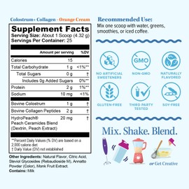 Colostrum Collagen Powder Hydrolyzed Peptide HydroPeach Gut Health Skin & Immune Support | 1g Bovine Colostrum, 2g Collagen Peptides, 20mg Peach Ceramides | Orange Cream Flavored 25 Servings, No Sugar