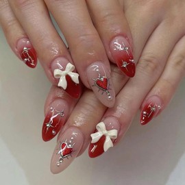 Almond Press on Nails Valentine's Day Fake Nails Red Gradient Glue on Nails Medium Length False Nails with Bow Pearl Diamond Designs Heart Acrylic Nails Glossy Stick on Nails for Women Girls 24 PCS