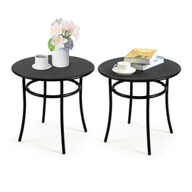Auzfy 2 Pcs Small Outdoor Table for Patio, All-Weather Round Side Table Metal End Table with Adjustable Footrest for Porch Yard Living Room, Black