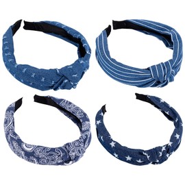 Framendino, 4 Pack Blue Denim Knotted Head Bands for Women Patriotic Headband Cute Stripe Floral Star Printed Head Bands