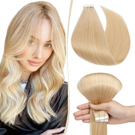 12 inch SEGO Tape in Hair Extensions Real Human Hair 10 Pieces [#24 Natural Blonde] Remy Hairpieces Invisible Skin Weft Seamless Straight Natural (20g)