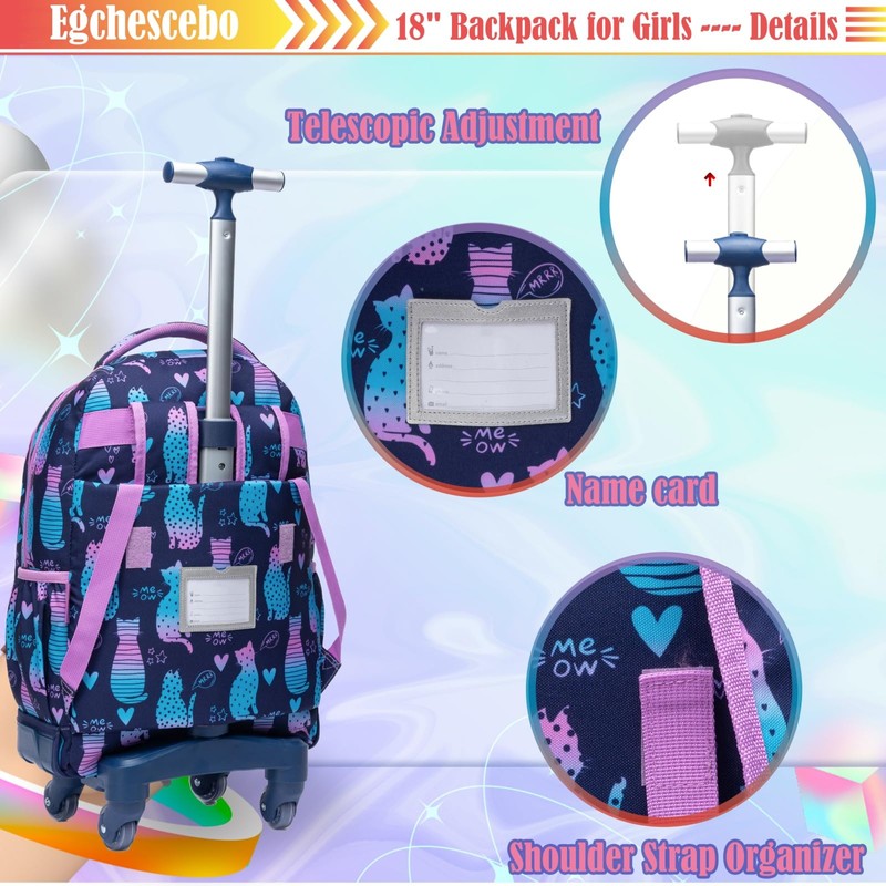 Egchescebo Kids Rolling Backpack for Girls Mermaids Suitcases Trolley Roller