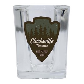 R and R Imports Clarksville Tennessee Camping Souvenir 2 Oz Shot Glass Square Base Arrowhead Design Single